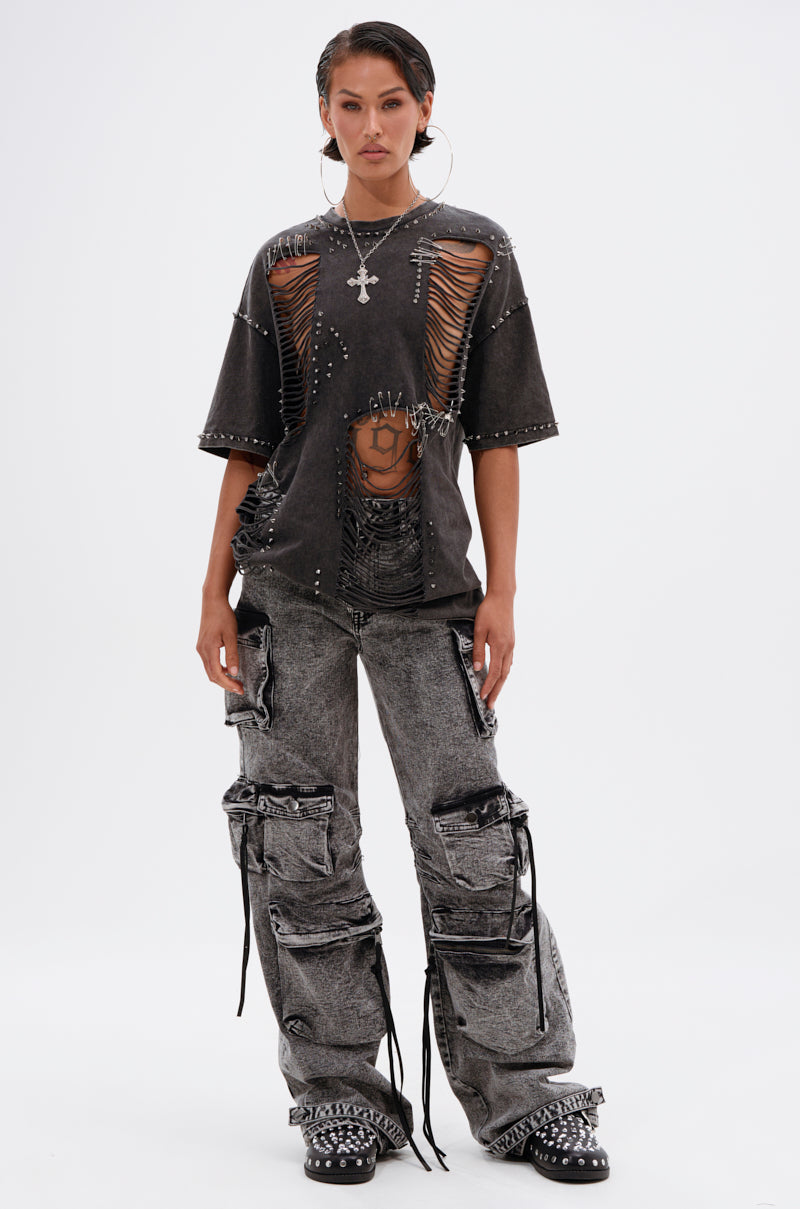 MARGOT DISTRESSED STUDDED SHORT SLEEVE TEE