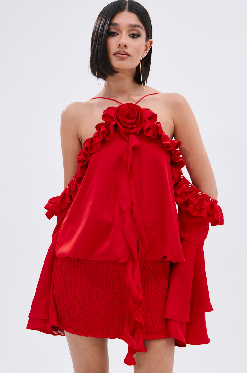 CHIC AF RUFFLE MINI DRESS IN RED