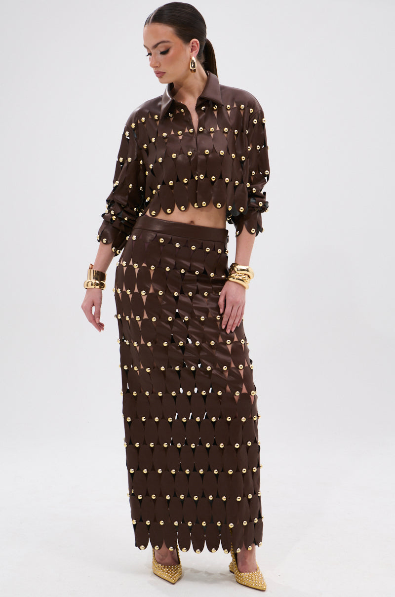 SNEAK PEEK STUDDED PU CROP CARDIGAN IN BROWN