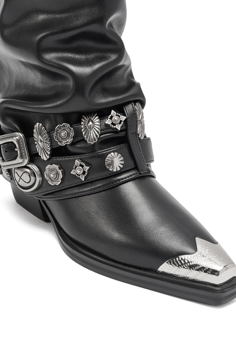 AZALEA WANG ASHRAF BLACK PU SILVER HARDWARE WESTERN BOOTIE