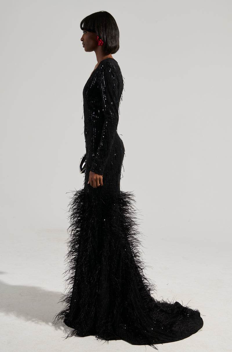 YOURS TRULY FEATHER SEQUIN EMBELLISHED MAXI DRESS