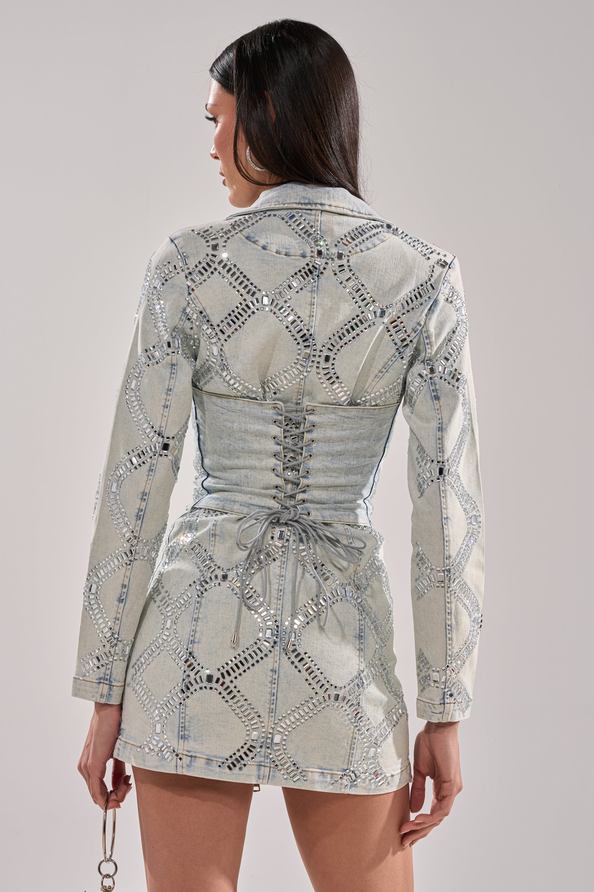 LOOK AT ME RHINESTONE BLAZER DRESS IN LIGHT BLUE DENIM