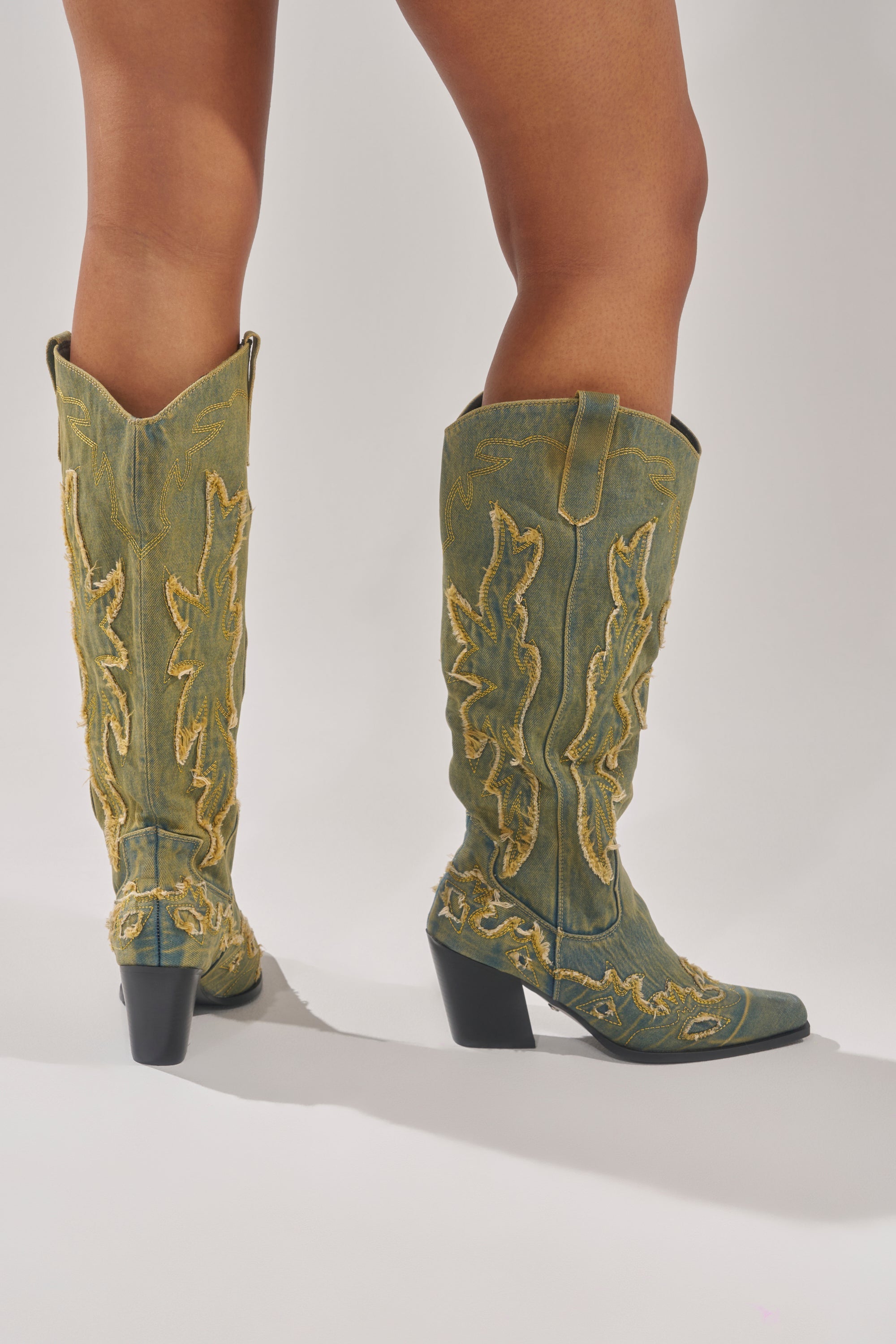 AZALEA WANG HEINRICH DENIM WESTERN LOW HEEL BOOT