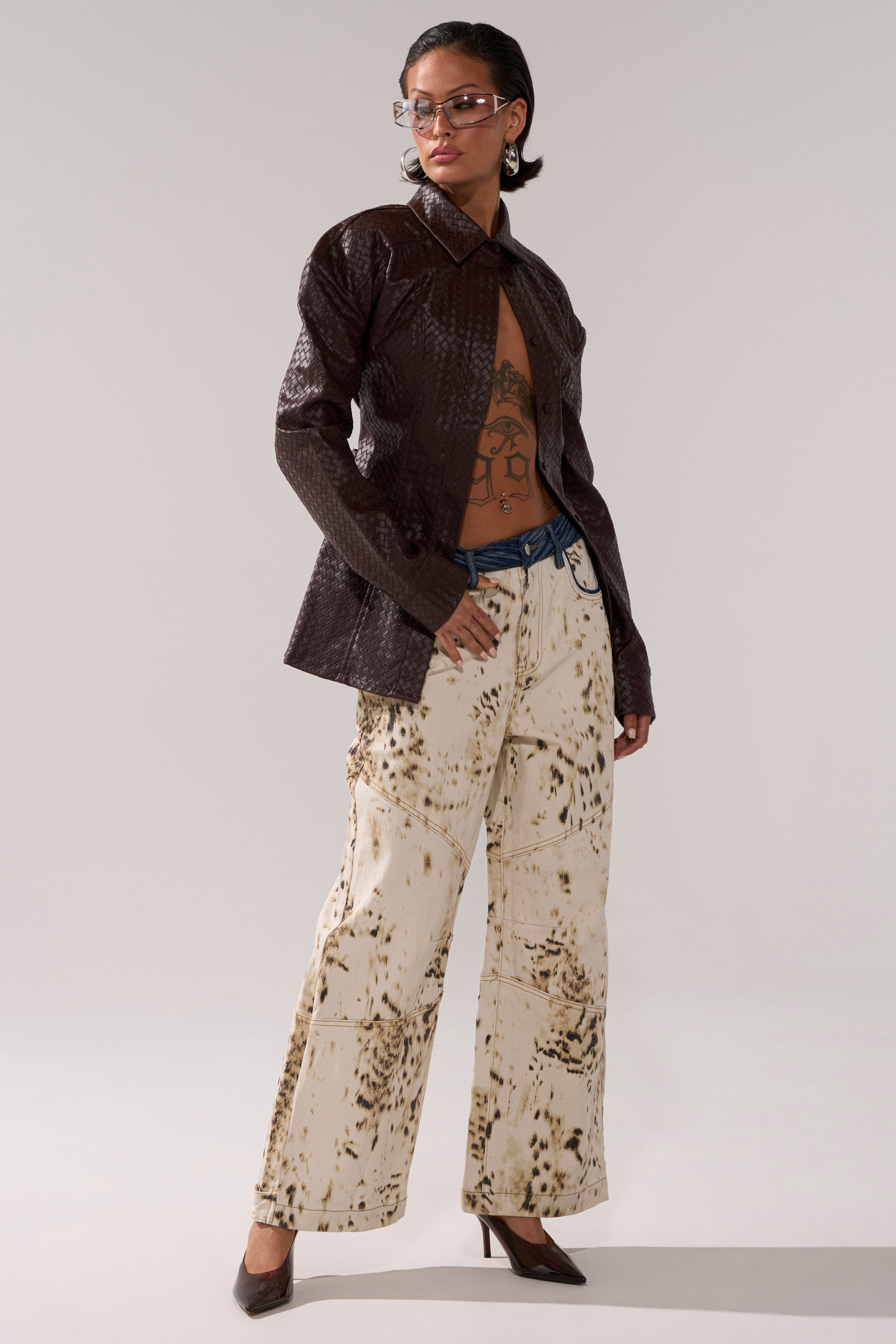 FEELING RICH FAUX LEATHER BUTTON DOWN