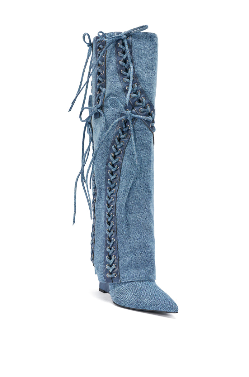 AKIRA GOLD MANTIGNA DENIM WEDGE BOOT