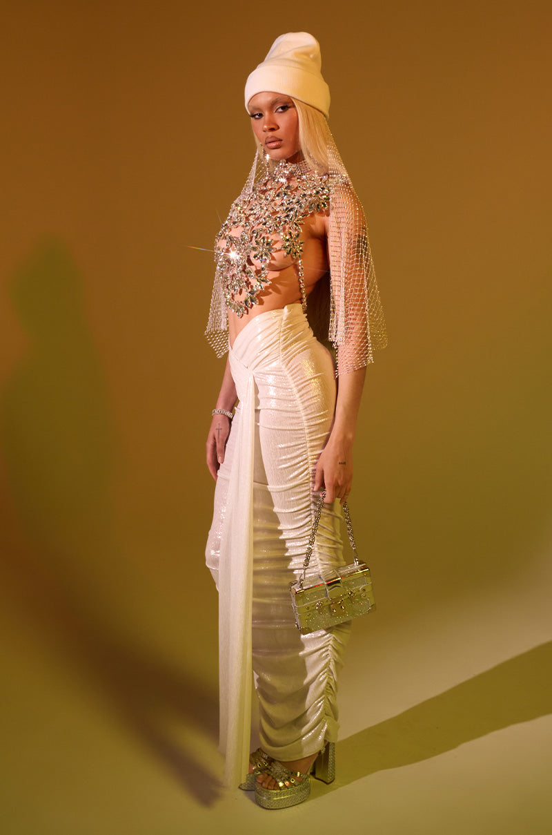 ALL OF THE GLAMOUR SLINKY MAXI SKIRT IN WHITE