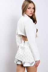 BACK CUT RHINESTONE BLAZER IN WHITE