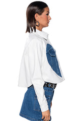 CLEAR LOVE FAUX LEATHER DENIM DETAIL BUTTON DOWN TOP