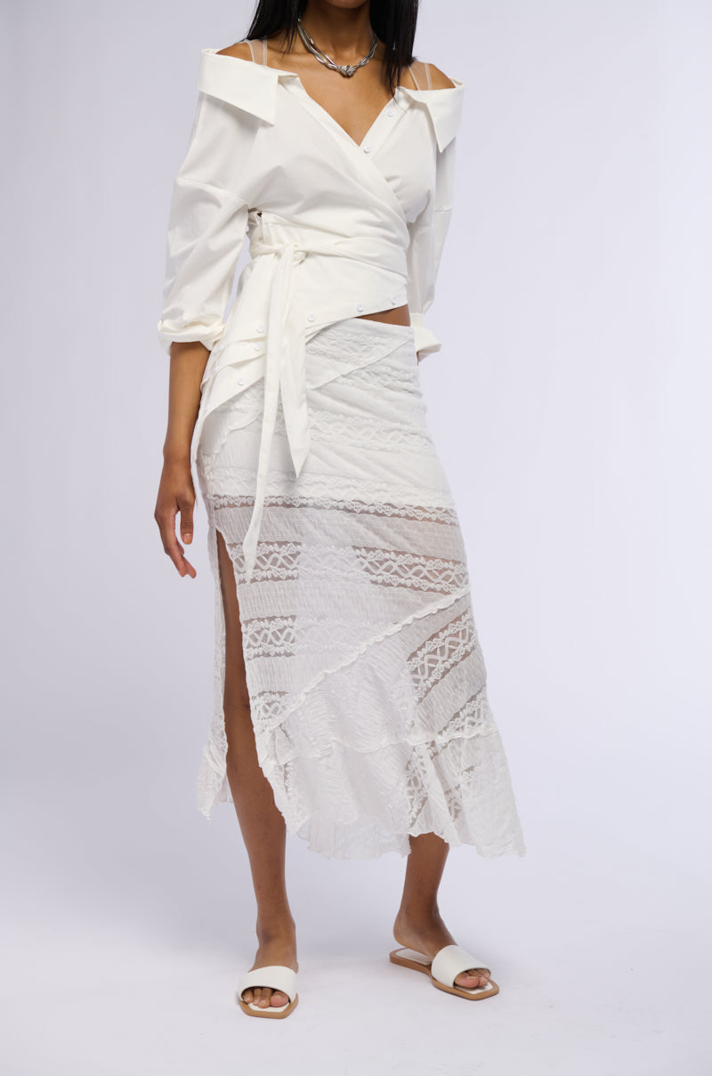 EMELIA LACE TRIM TIERED MIDI SKIRT