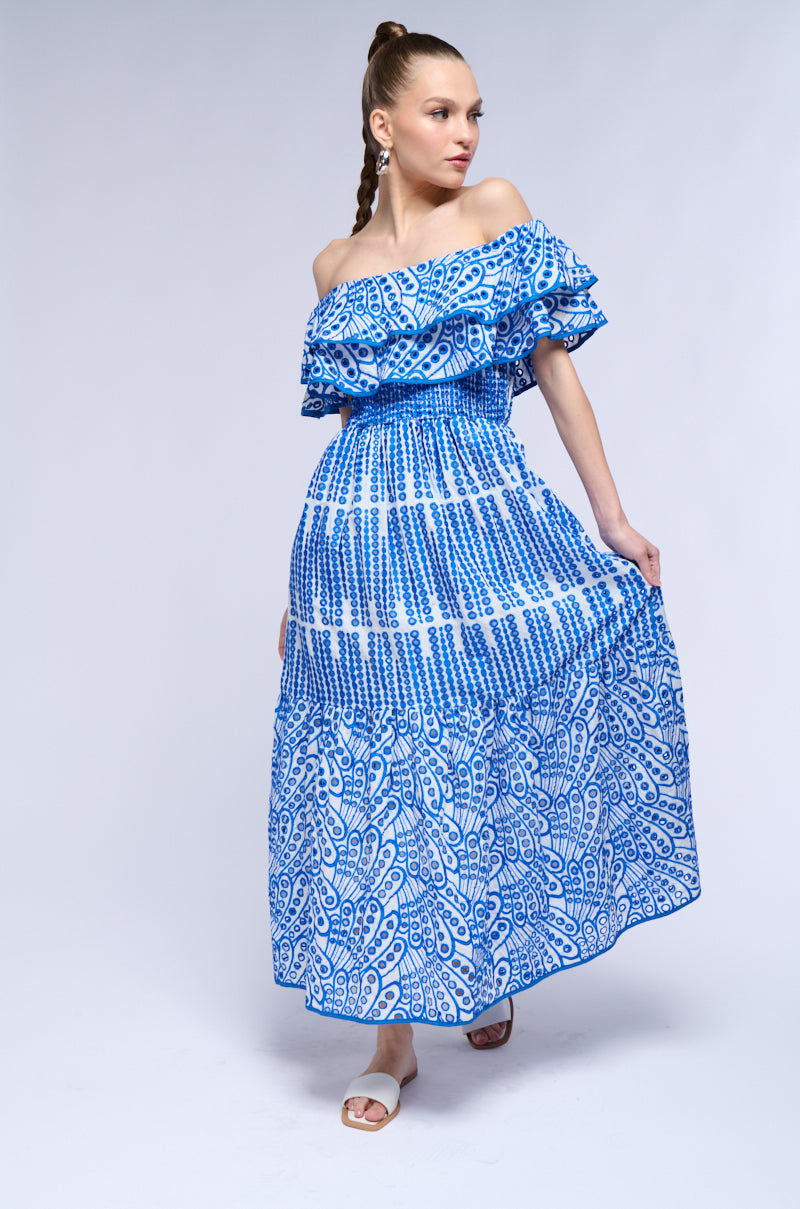 IN IBIZA RUFFLED MIDI DRESS