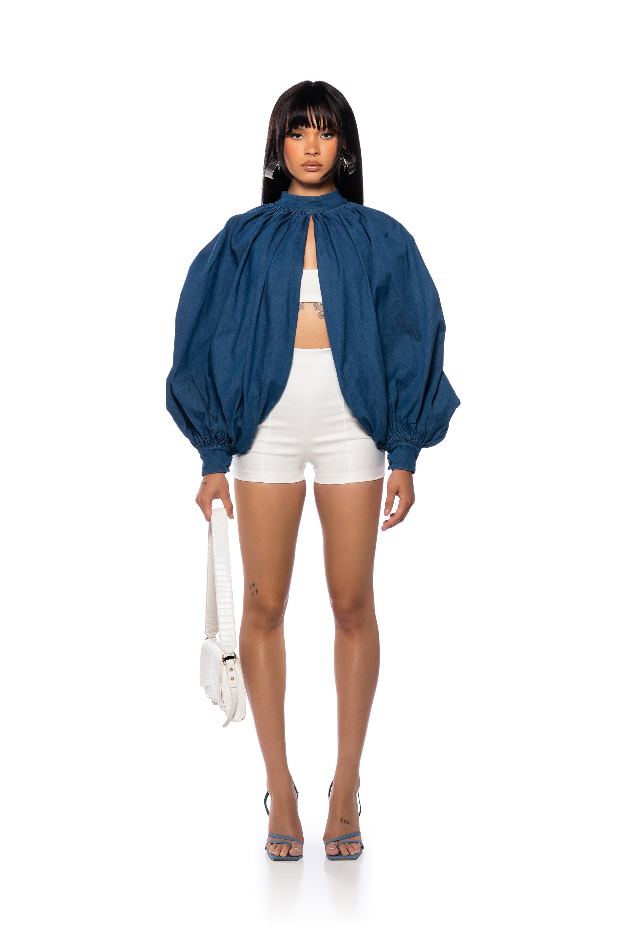 LEAH RUCHED DENIM MOCK NECK TOP