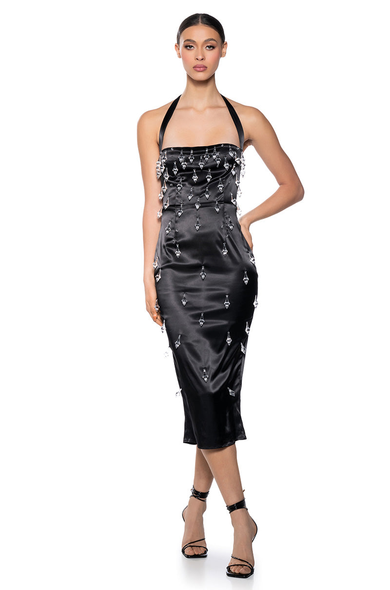 RAINDROPS ARE FALLING BEADED MIDI DRESS