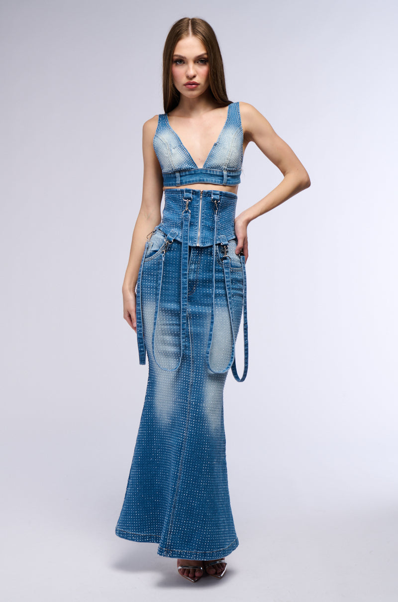 RICH GIRL ENERGY EMBELLISHED DENIM BRA TOP